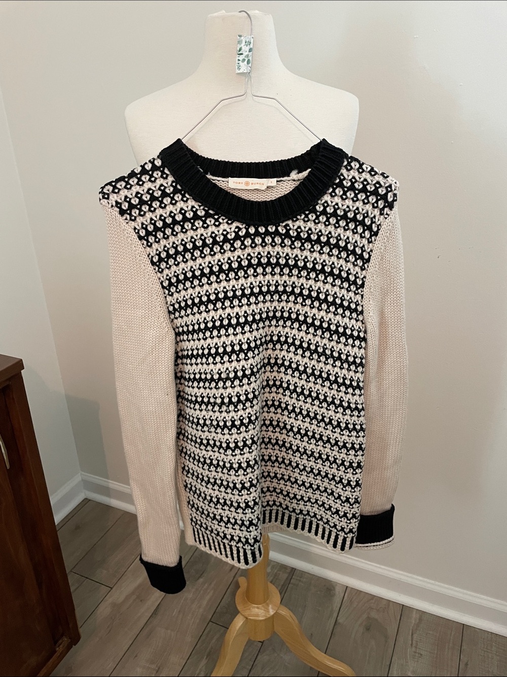 Tory Burch Black and Cream Textured Knit Crewneck Sweater